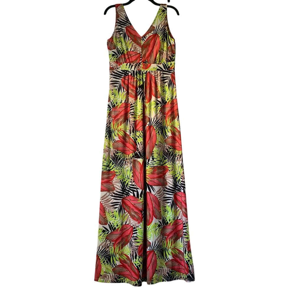 West Loop Tropical Palm Leaf Maxi Dress V-Neck Empire Waist Summer Resort Size L